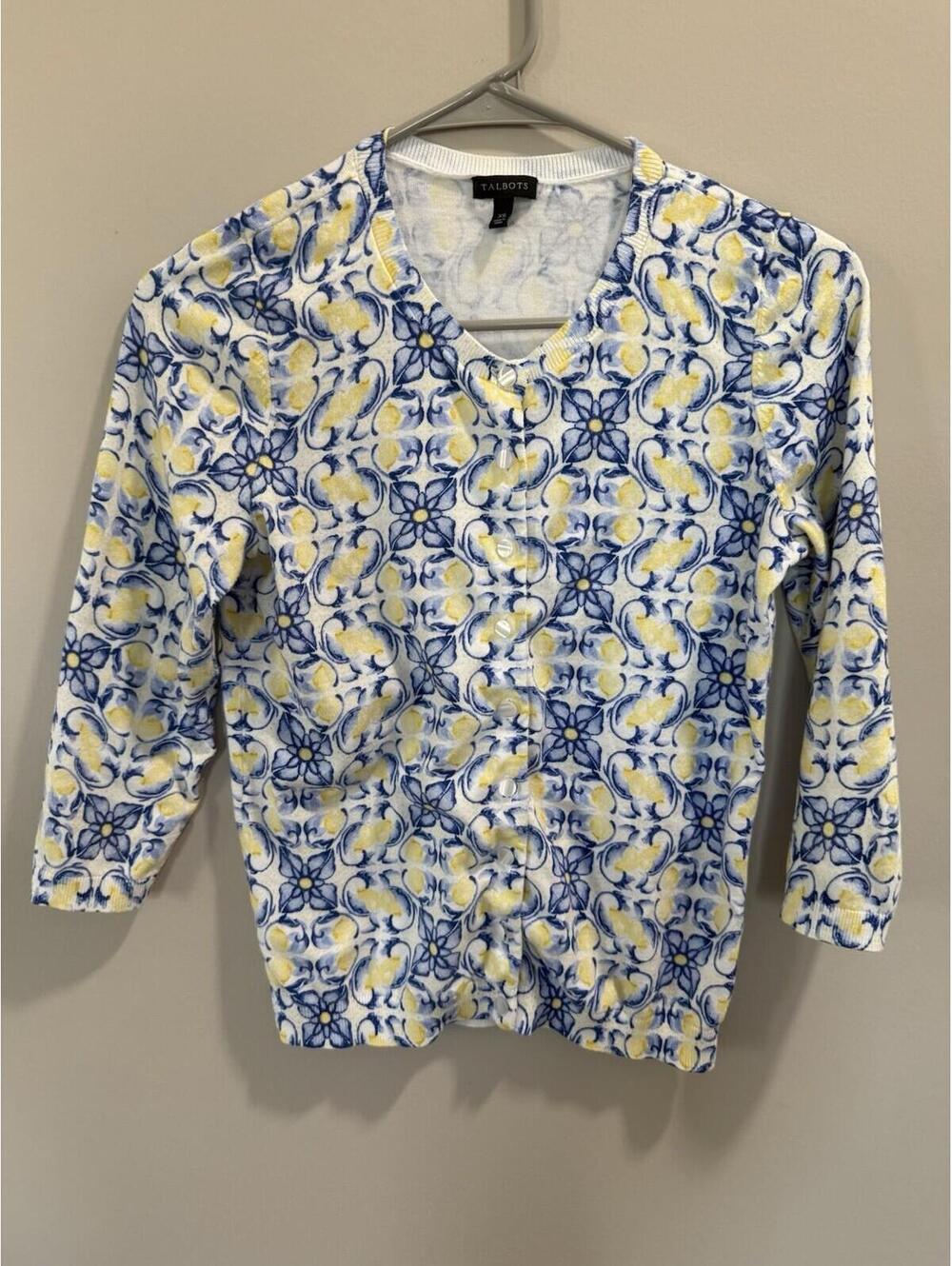Talbots Blue White Yellow Knit V-Neck 3/4 Sleeve Floral Cardigan XS